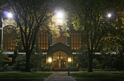 
Nighttime shot of the front of the Reading Room
       