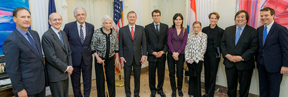 Pictured (left to right): Justice Samuel A. Alito, Justice Stephen G. Breyer, Prof. George Bermann (Columbia Law School), retired Justice Sandra Day O’Connor, Chief Justice John Roberts, Prof. Daniel Halberstam, Prof. Gráinne de Búrca (New York University School of Law ), Justice Ruth Bader Ginsburg, Prof. Sarah Cleveland (Columbia Law ), Prof. Harold Koh (Yale Law School), Prof. John Attanasio (Dedman School of Law at Southern Methodist University).