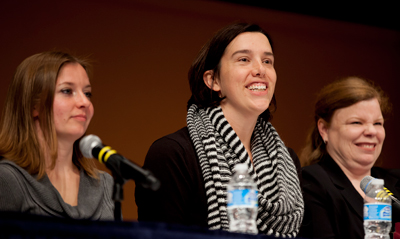 Prof. Bridgette Carr (center) discusses human trafficking