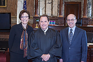 L to R: Judge Judith Levy, '96; Chief Judge Gerald Rosen, U.S. District Court for the Eastern District of Michigan; and Steven Rosenbaum, '78, Chief of the Housing and Civil Enforcement Section of the Civil Rights Division.