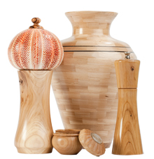 The woodturners have created elm pepper mills, honey locust bowls, and white oak clocks.