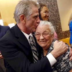 Steven Chaney embraces his mother, Darla, after his release. (Photo: Lara Solt)